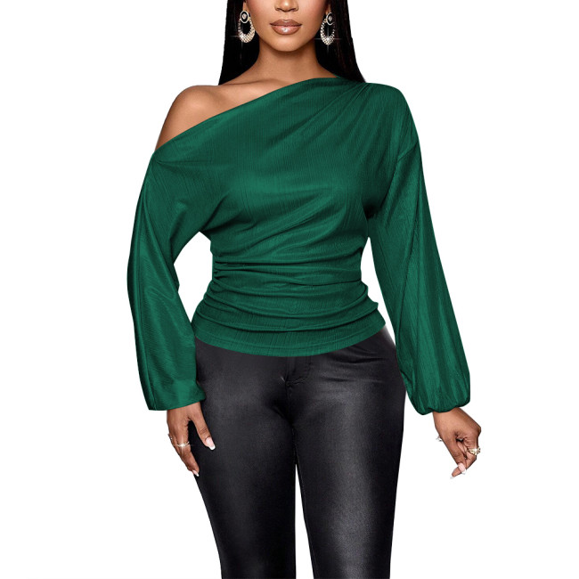 Long Sleeve Solid Graphic T Shirts for Women Slim Fit One Shoulder Sexy Tops Office Lady Shiny Metallic Casual Vintage Clothes