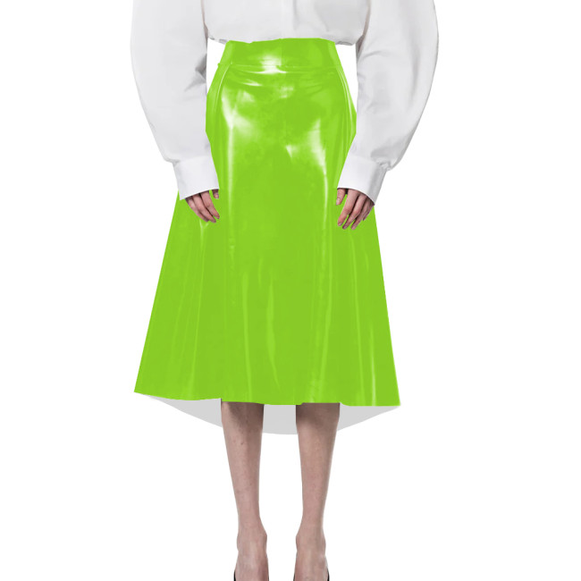 Casual Dating Midi Skirt for Womens Elegant A-line Solid Color PVC Shiny Skirts Wetlook PU Leather High-Waisted Office Skirts