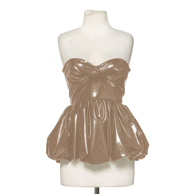 Fashion Wetlook Patent Leather Corset Tops Women Sexy Pleated Fluffy Hem Sleeveless Tops Streetwear Beach Party Mini Dresses 7XL
