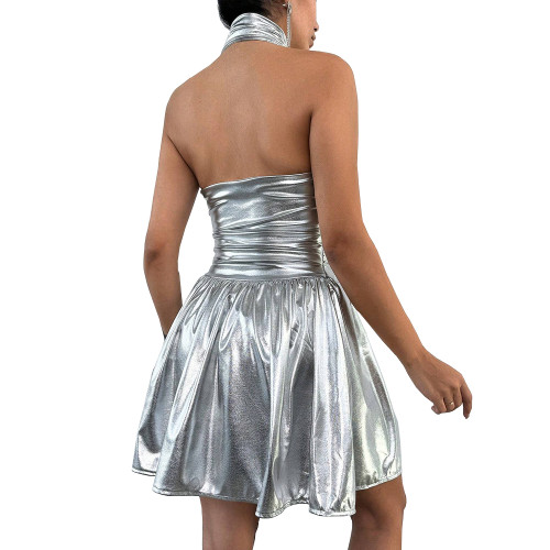 Elegant Halter Sleeveless Ruffled A-line Mini Dress Shiny Metallic Backless Solid Stretch Casual Office Lady Dress Daily Wear