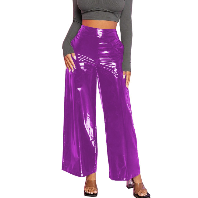 Office Lady Baggy Pants Casual Wetlook PVC Leather Women Clothing High Waist Solid Black Pants Gothic Streetwear Women Pants