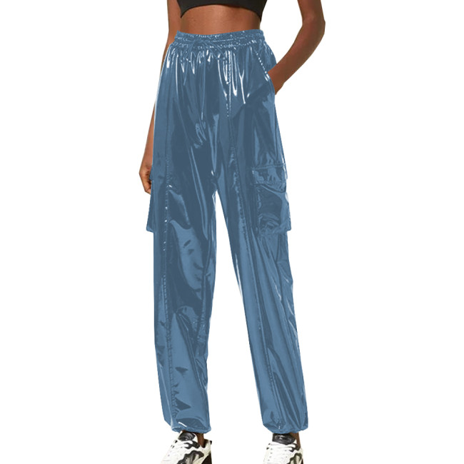 Exotic Loose Harem Pants Women Wetlook Pvc Lingerie Elastic Waist Hip Hop Long Pants Fetish Gay Mens Fetish Wear Solid Bottoms