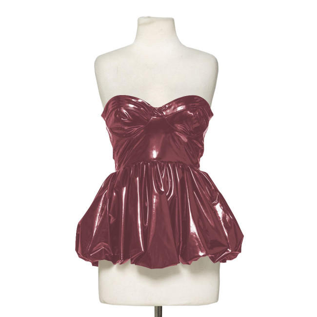 Fashion Wetlook Patent Leather Corset Tops Women Sexy Pleated Fluffy Hem Sleeveless Tops Streetwear Beach Party Mini Dresses 7XL