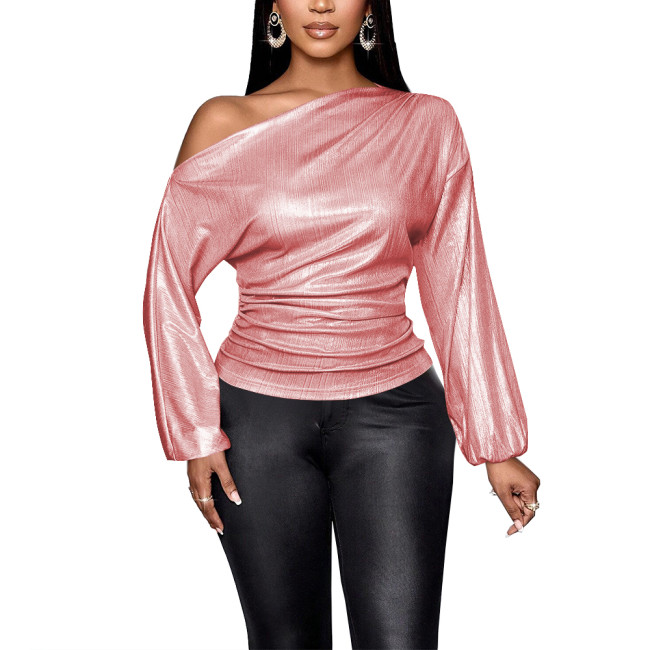 Long Sleeve Solid Graphic T Shirts for Women Slim Fit One Shoulder Sexy Tops Office Lady Shiny Metallic Casual Vintage Clothes