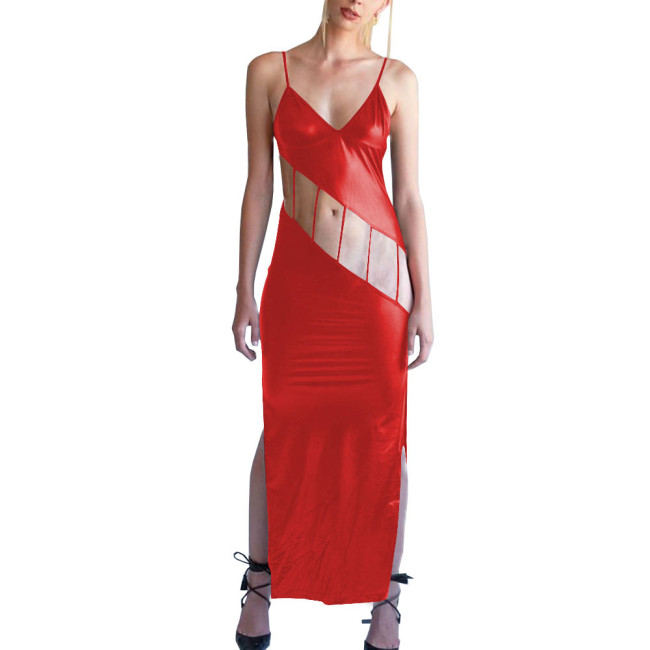 Shiny Metallic Hollow Out Bodycon Spaghetti Strap Long Dress for Women Side Slit Maxi Dress Female Camisole Solid Party Dress
