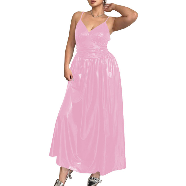 Elegant Spaghetti Strap Slim Waist PVC Leather Maxi Dresses for Women Sleeveless V-neck Evening Dresses Party Rave Long Dress
