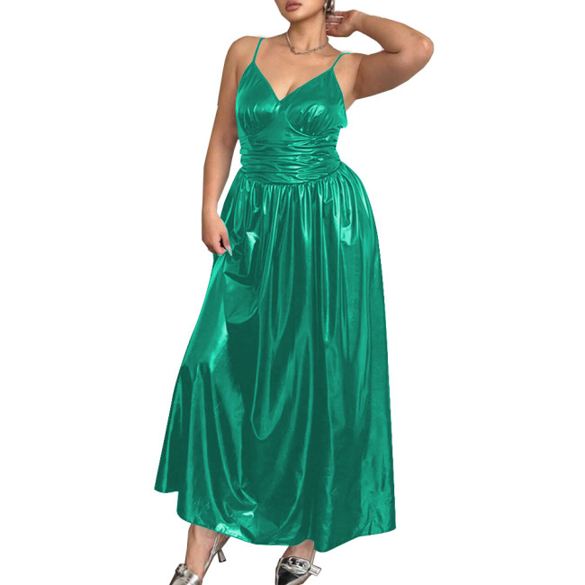Elegant Spaghetti Strap Slim Waist PVC Leather Maxi Dresses for Women Sleeveless V-neck Evening Dresses Party Rave Long Dress