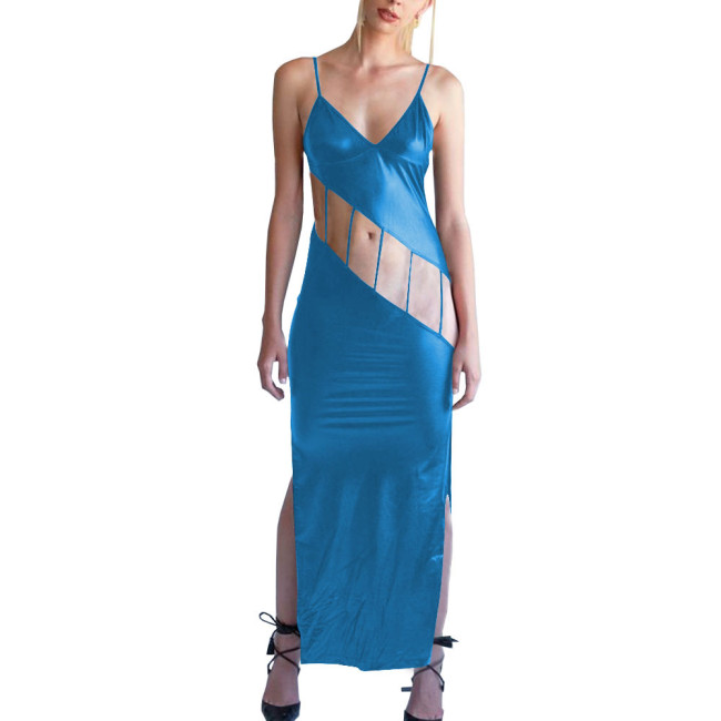 Shiny Metallic Hollow Out Bodycon Spaghetti Strap Long Dress for Women Side Slit Maxi Dress Female Camisole Solid Party Dress