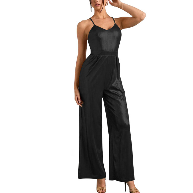 Office Lady Spaghetti Strap One Piece Jump Suits for Women Shiny Metallic Slim Fit Wide Leg Pants Wetlook Sexy Jumpsuits Catsuit