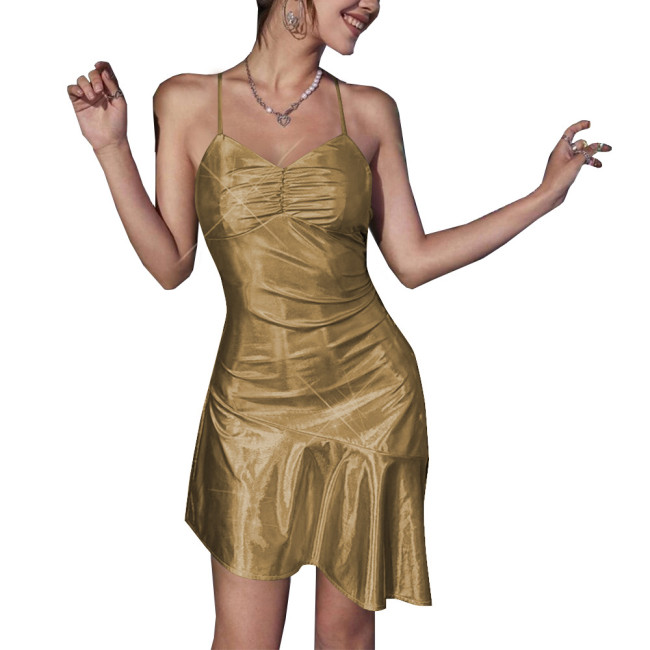 Wet Look Dance Pole Holographic Clothing Women Backless Frenum Irregular A-line Mini Dress Sexy Cub Laser Metallic Short Dress
