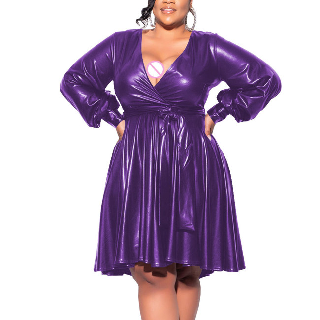 Exotic Dresses Wetlook Women Deep V-neck Long Sleeve Shiny Metallic A-line Midi Dress Fetish Sexy Club Plus Size Dress 7XL Lady