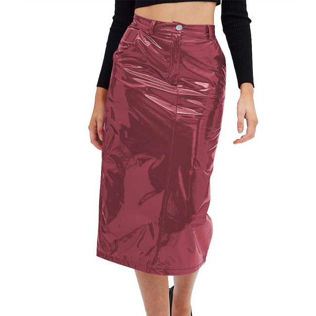 Elegant PVC Leather Black Straight Skirts Fashion Slim High Waist Skirts Women Female Sexy Solid Office Midi Skirt Spring Summer