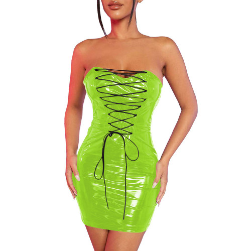 Fetish Lace-up Skinny PVC Lingerie Sexy Dress Women Strapless Package Hips Bodycon Faux Latex Dress Exotic Dancewear Vestidos