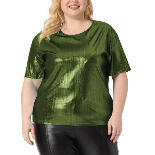 Summer Solid Graphic T Shirts Wetlook Women Clothing O-neck Short Sleeve Casual T Shirt High Street Shiny Metallic Loose Tees