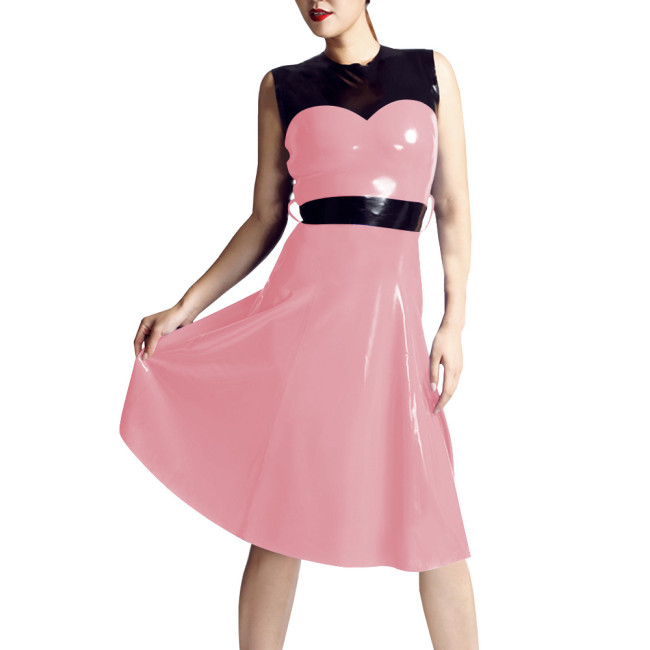 Patchwork Sleeveless Tank Midi Dress Women O-neck Slim Waist Patent Leather A-line Dress Casual Daily Commuting Faux Latex Dress