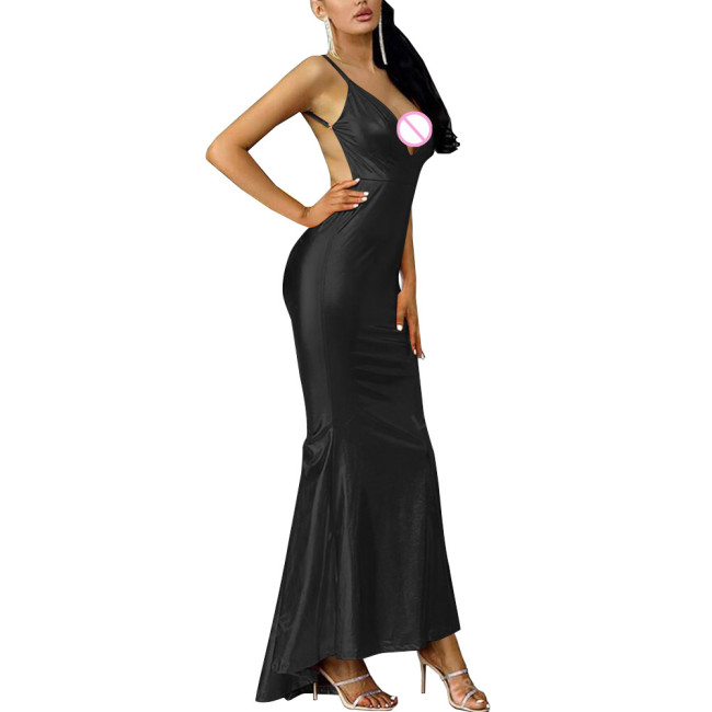 Elegance VNeck Bodycon Stretch Long Robe Shiny Metallic Women Dress Vintage Party Sexy Hobble Maxi Slip Dress Lady Mermaid Dress