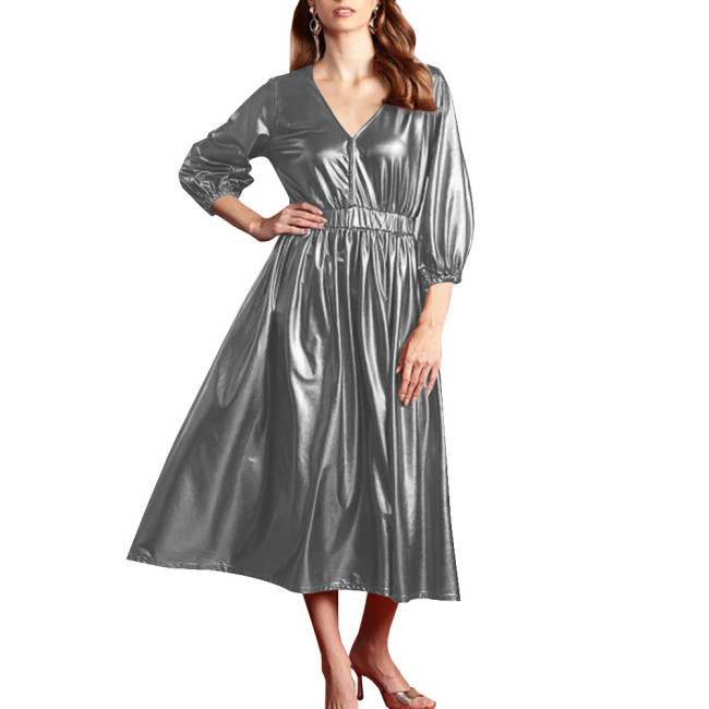 Shiny Summer Clothing for Women Dress Shiny Metallic Lantern Sleeves High Waist Elegant Long Dress Office Lady Outdoor Vestido