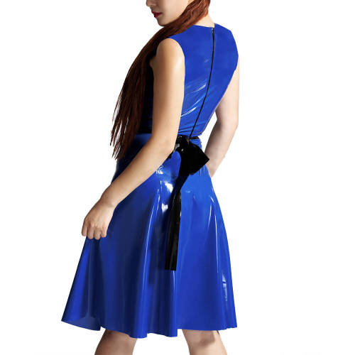 Patchwork Sleeveless Tank Midi Dress Women O-neck Slim Waist Patent Leather A-line Dress Casual Daily Commuting Faux Latex Dress