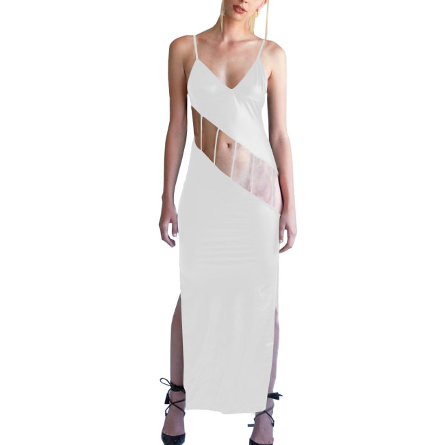 Shiny Metallic Hollow Out Bodycon Spaghetti Strap Long Dress for Women Side Slit Maxi Dress Female Camisole Solid Party Dress