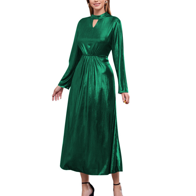 Shiny Metallic Long Sleeve Solid Evening Dress Elegant Stretch Slim Fit A-line Maxi Dress Sexy Banquet Gown Party Dress Vestido