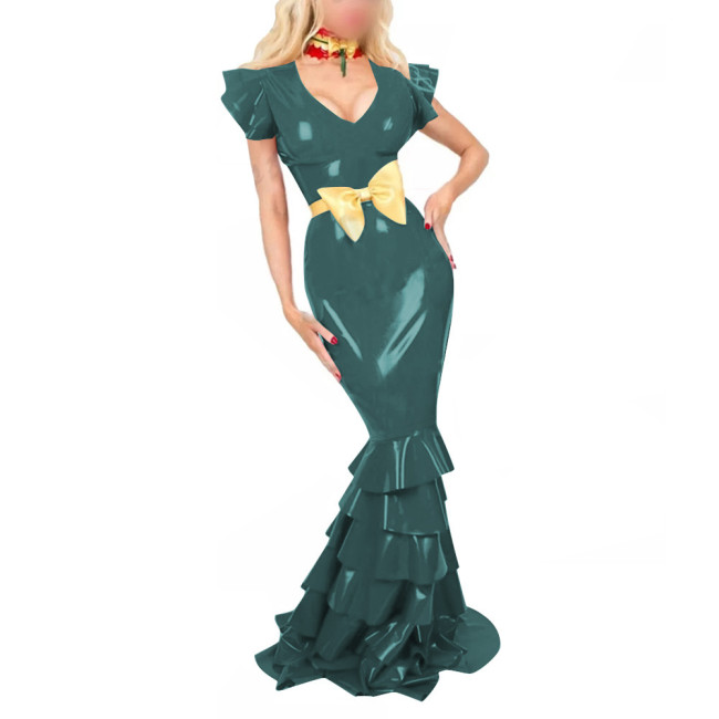 Women PVC Leather Short Sleeve Evening Party Maxi Dress Sissy V Neck Sexy Bodycon Ruffled Hobble Dress with Belt Ball Gowns Lady
