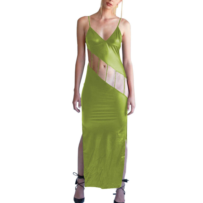 Shiny Metallic Hollow Out Bodycon Spaghetti Strap Long Dress for Women Side Slit Maxi Dress Female Camisole Solid Party Dress