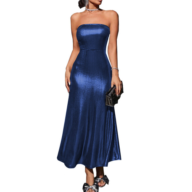 Shiny Metallic Summer Dress Solid Vestidos Sexy Strapless Bodycon A-line Women Dress Elegant Banquet Venue Gown Long Dess