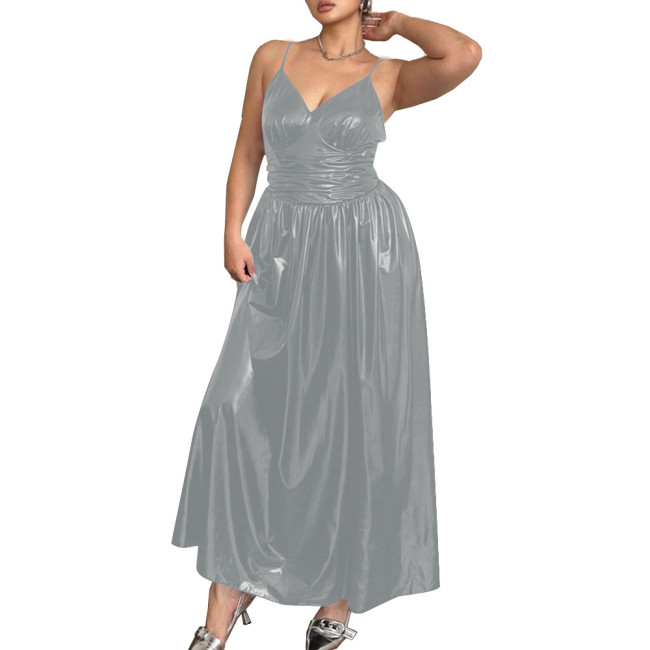 Elegant Spaghetti Strap Slim Waist PVC Leather Maxi Dresses for Women Sleeveless V-neck Evening Dresses Party Rave Long Dress