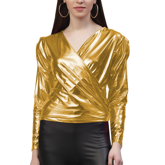 Elegant V-neck Slim Fit T-Shirts Women Shiny Metallic Clothes Bodycon Long Sleeve Tops T-Shirts Casual Solid Tops Daily Wear