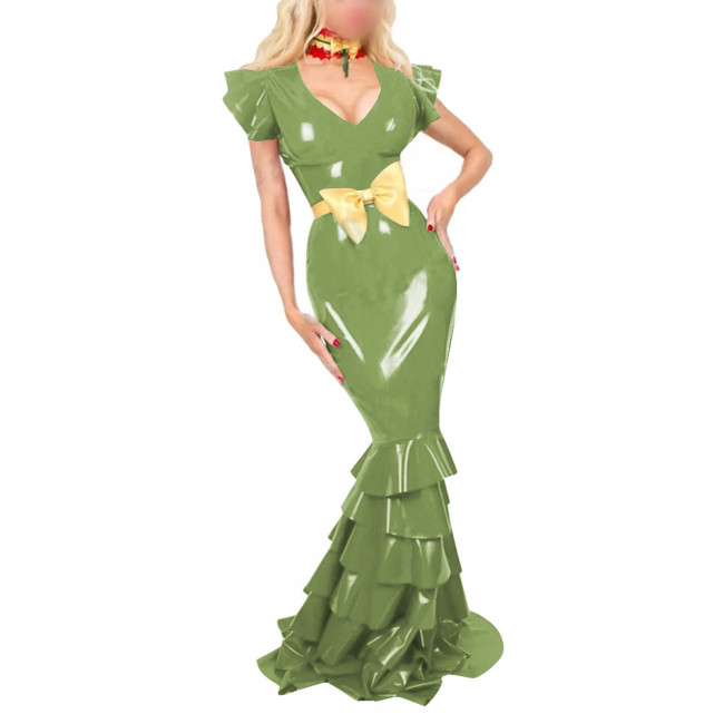 Women PVC Leather Short Sleeve Evening Party Maxi Dress Sissy V Neck Sexy Bodycon Ruffled Hobble Dress with Belt Ball Gowns Lady