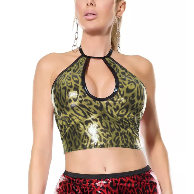 Sexy Club Leopard Print Halter Crop Top Women Hollow Out Bodycon Tanks Top Shiny Women Clothing Vintage Summer Party Y2k Top