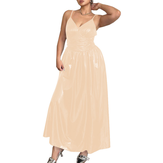 Elegant Spaghetti Strap Slim Waist PVC Leather Maxi Dresses for Women Sleeveless V-neck Evening Dresses Party Rave Long Dress