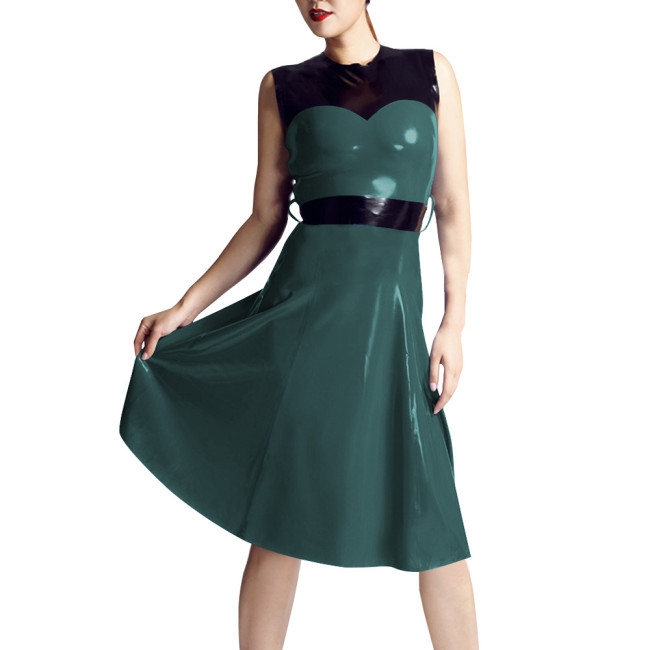 Patchwork Sleeveless Tank Midi Dress Women O-neck Slim Waist Patent Leather A-line Dress Casual Daily Commuting Faux Latex Dress