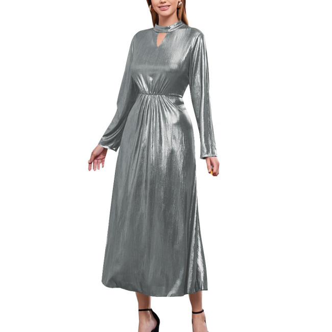 Shiny Metallic Long Sleeve Solid Evening Dress Elegant Stretch Slim Fit A-line Maxi Dress Sexy Banquet Gown Party Dress Vestido