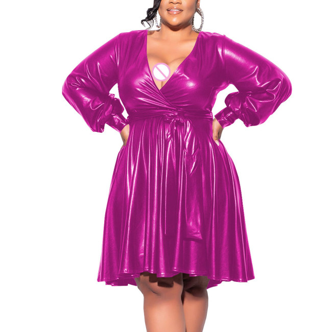 Exotic Dresses Wetlook Women Deep V-neck Long Sleeve Shiny Metallic A-line Midi Dress Fetish Sexy Club Plus Size Dress 7XL Lady