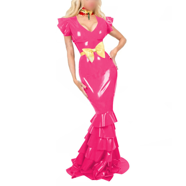 Women PVC Leather Short Sleeve Evening Party Maxi Dress Sissy V Neck Sexy Bodycon Ruffled Hobble Dress with Belt Ball Gowns Lady