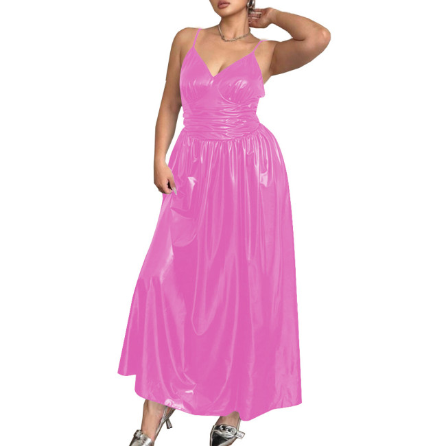 Elegant Spaghetti Strap Slim Waist PVC Leather Maxi Dresses for Women Sleeveless V-neck Evening Dresses Party Rave Long Dress