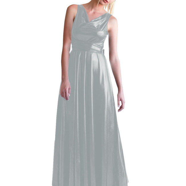 Casual Shiny Metallic Long Dress Elegance Korean Fashion V-Neck Sleeveless Women's Dresses Summer Party Y2k Vintage Ball Gowns
