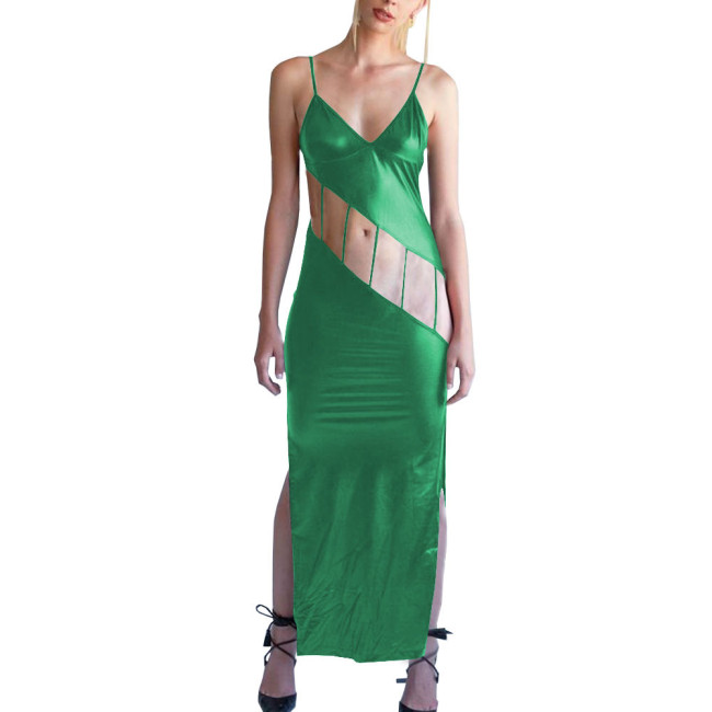 Shiny Metallic Hollow Out Bodycon Spaghetti Strap Long Dress for Women Side Slit Maxi Dress Female Camisole Solid Party Dress