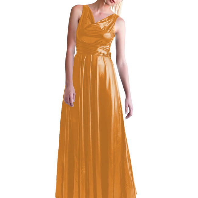 Casual Shiny Metallic Long Dress Elegance Korean Fashion V-Neck Sleeveless Women's Dresses Summer Party Y2k Vintage Ball Gowns