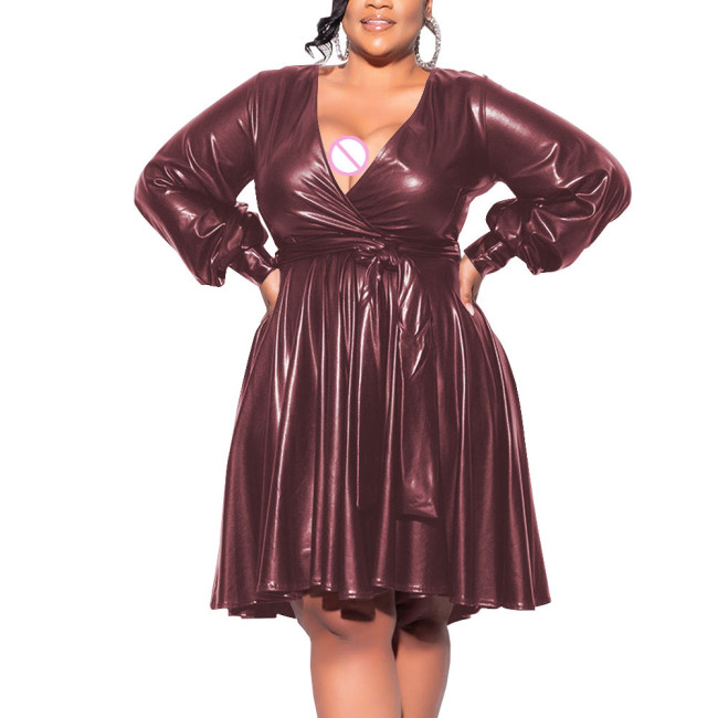 Exotic Dresses Wetlook Women Deep V-neck Long Sleeve Shiny Metallic A-line Midi Dress Fetish Sexy Club Plus Size Dress 7XL Lady