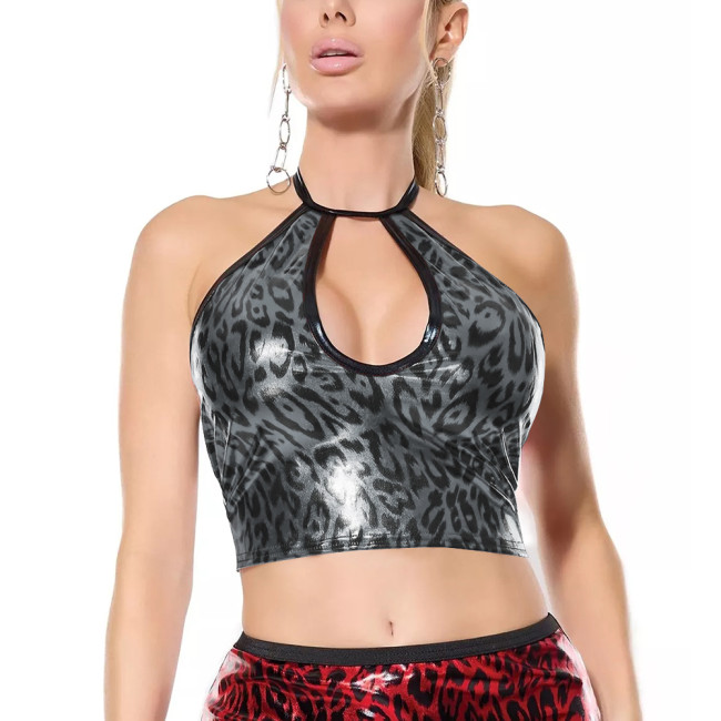 Sexy Club Leopard Print Halter Crop Top Women Hollow Out Bodycon Tanks Top Shiny Women Clothing Vintage Summer Party Y2k Top