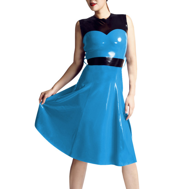 Patchwork Sleeveless Tank Midi Dress Women O-neck Slim Waist Patent Leather A-line Dress Casual Daily Commuting Faux Latex Dress