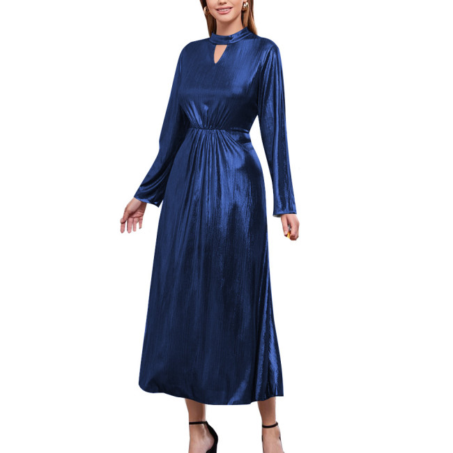 Shiny Metallic Long Sleeve Solid Evening Dress Elegant Stretch Slim Fit A-line Maxi Dress Sexy Banquet Gown Party Dress Vestido