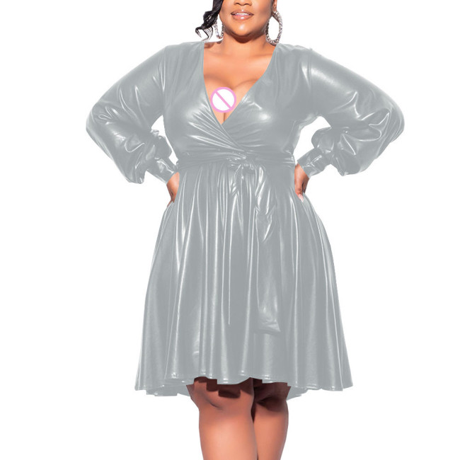 Exotic Dresses Wetlook Women Deep V-neck Long Sleeve Shiny Metallic A-line Midi Dress Fetish Sexy Club Plus Size Dress 7XL Lady