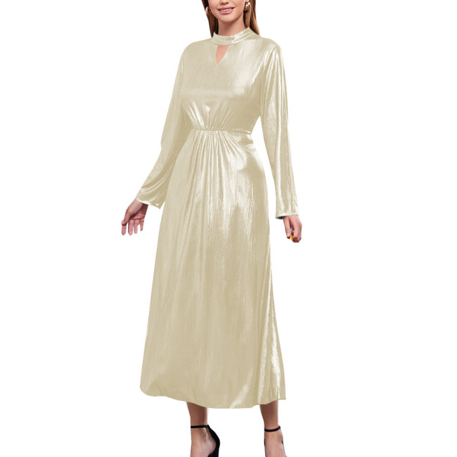 Shiny Metallic Long Sleeve Solid Evening Dress Elegant Stretch Slim Fit A-line Maxi Dress Sexy Banquet Gown Party Dress Vestido