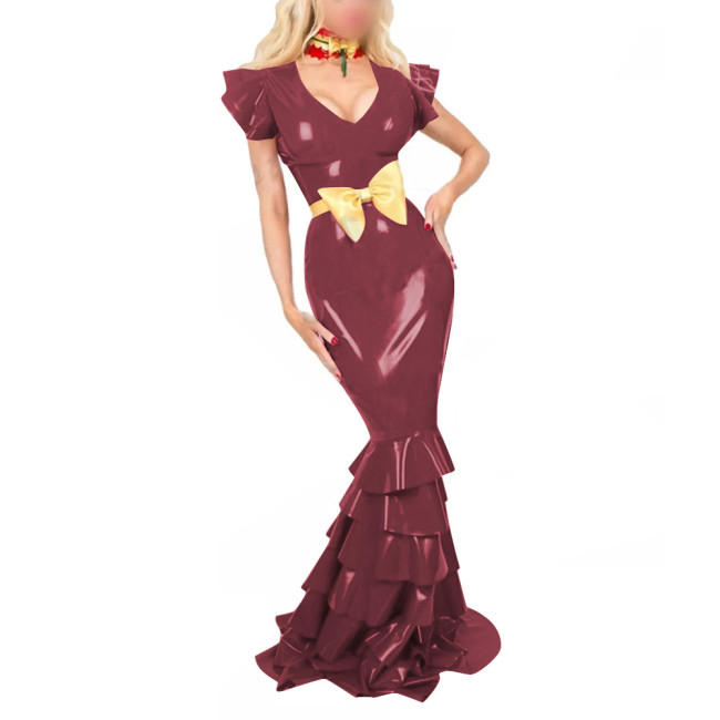Women PVC Leather Short Sleeve Evening Party Maxi Dress Sissy V Neck Sexy Bodycon Ruffled Hobble Dress with Belt Ball Gowns Lady