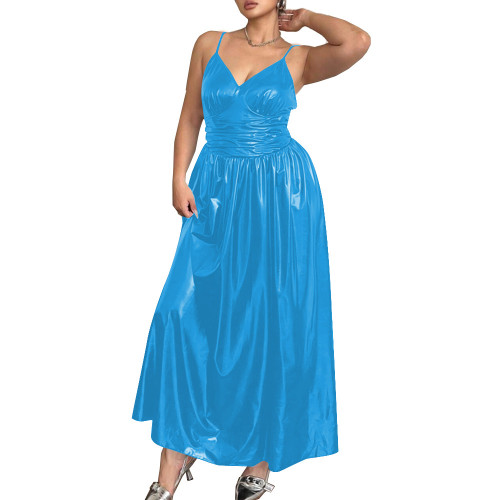 Elegant Spaghetti Strap Slim Waist PVC Leather Maxi Dresses for Women Sleeveless V-neck Evening Dresses Party Rave Long Dress