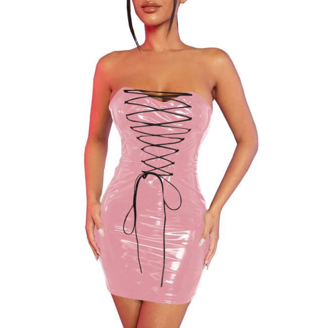 Fetish Lace-up Skinny PVC Lingerie Sexy Dress Women Strapless Package Hips Bodycon Faux Latex Dress Exotic Dancewear Vestidos