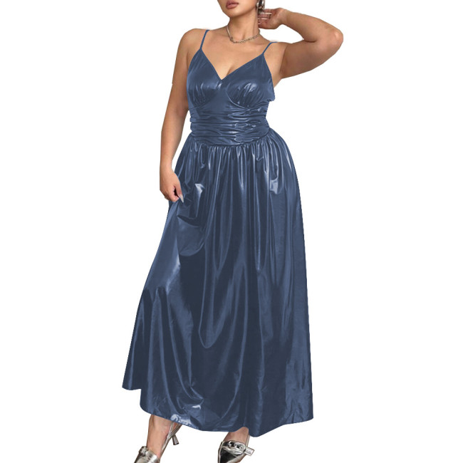 Elegant Spaghetti Strap Slim Waist PVC Leather Maxi Dresses for Women Sleeveless V-neck Evening Dresses Party Rave Long Dress